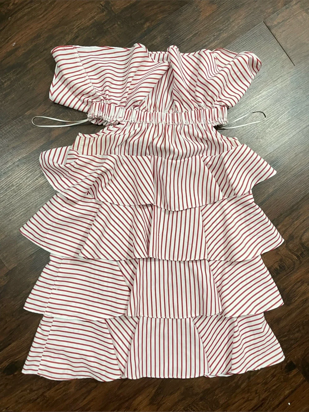 LULUS Red and White Striped Ruffle Tiered over under the Shoulder Dress Medium